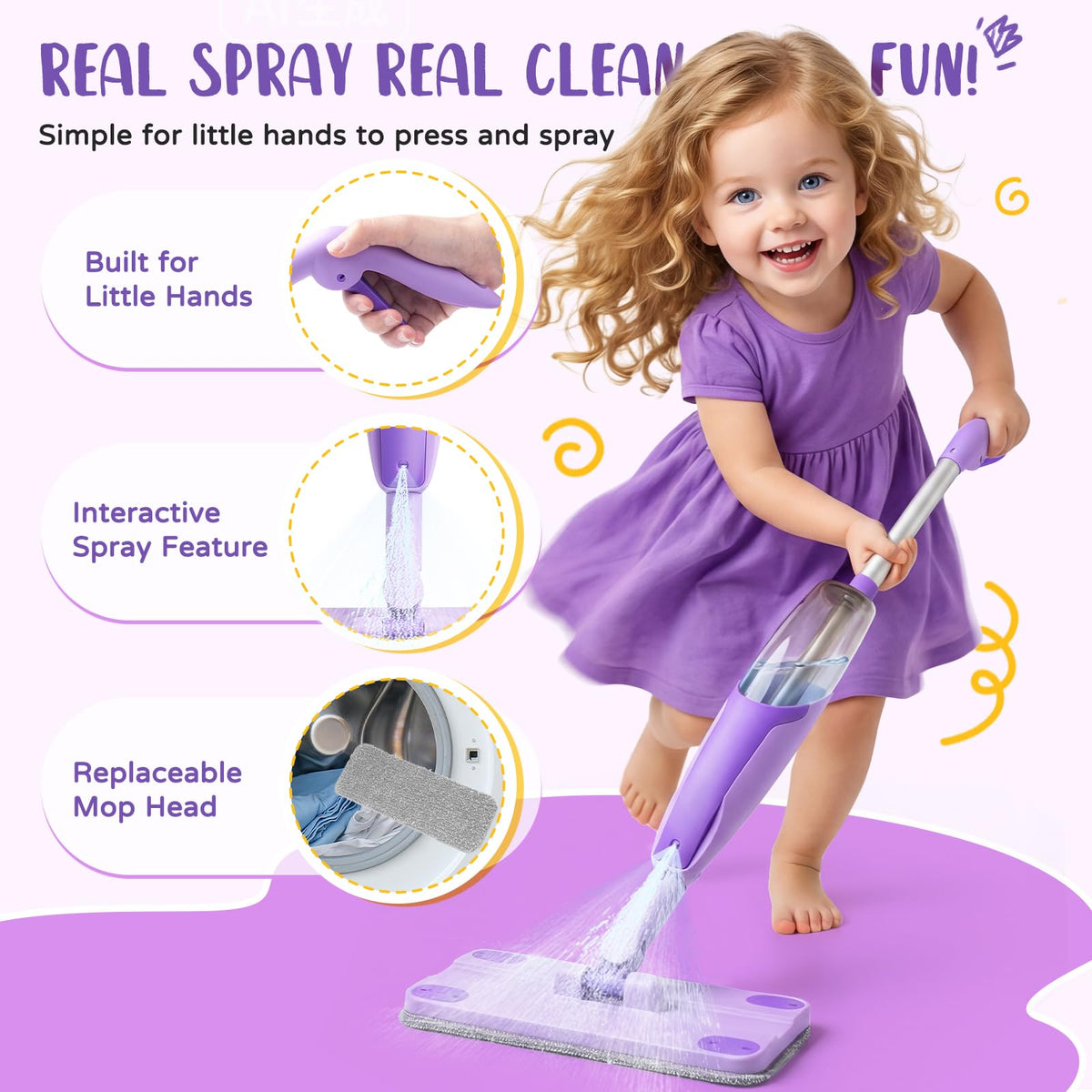 Yeeammk purple mini spray mop with compact, child-friendly design