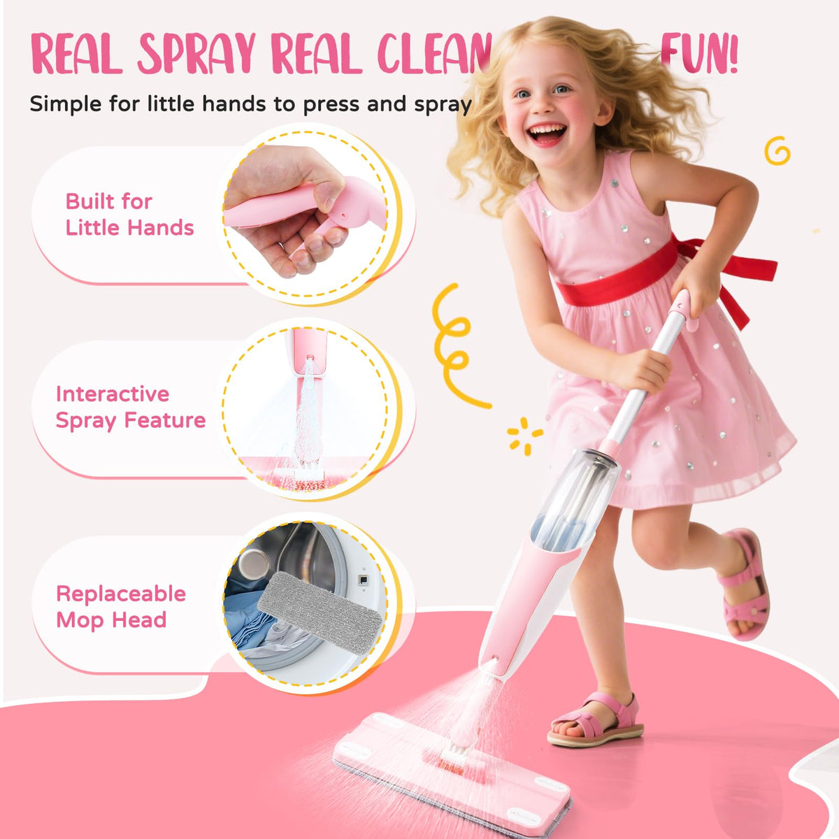 Yeeammk spray action toy helps children mimic adults' cleaning routines.