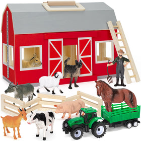 Yeebay wooden red barn with farm figures for screen-free imaginative play.