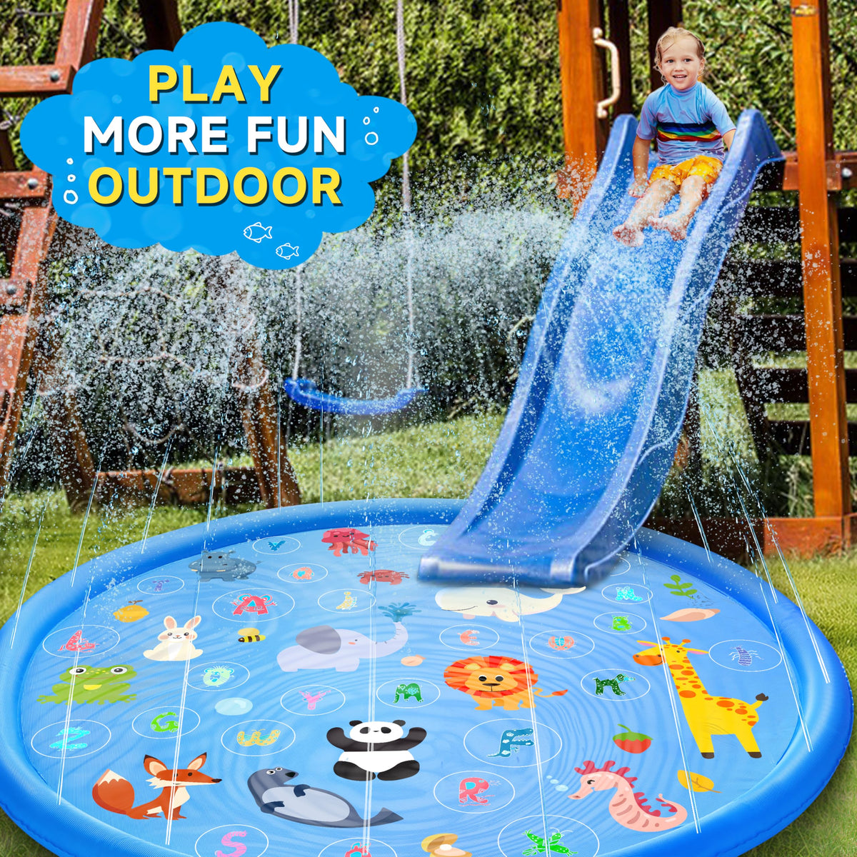 Yeeeasy backyard scene with kids and dog enjoying water play.