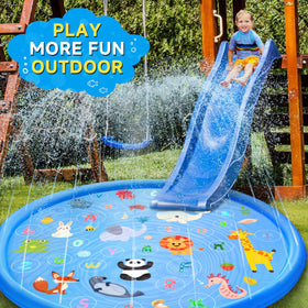 Yeeeasy backyard scene with kids and dog enjoying water play.