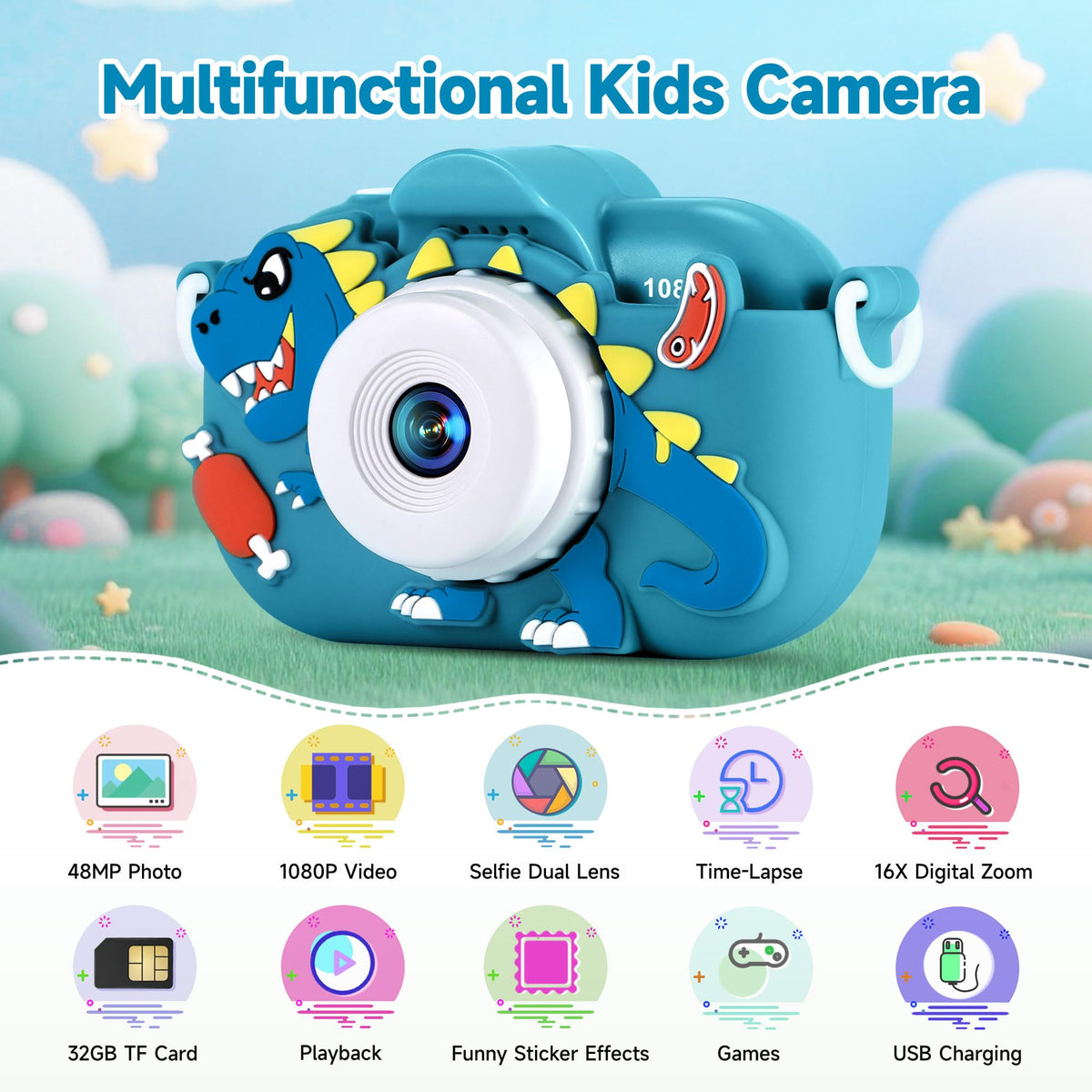 YEEHAO kids camera back view highlighting protective silicone case for drop safety.