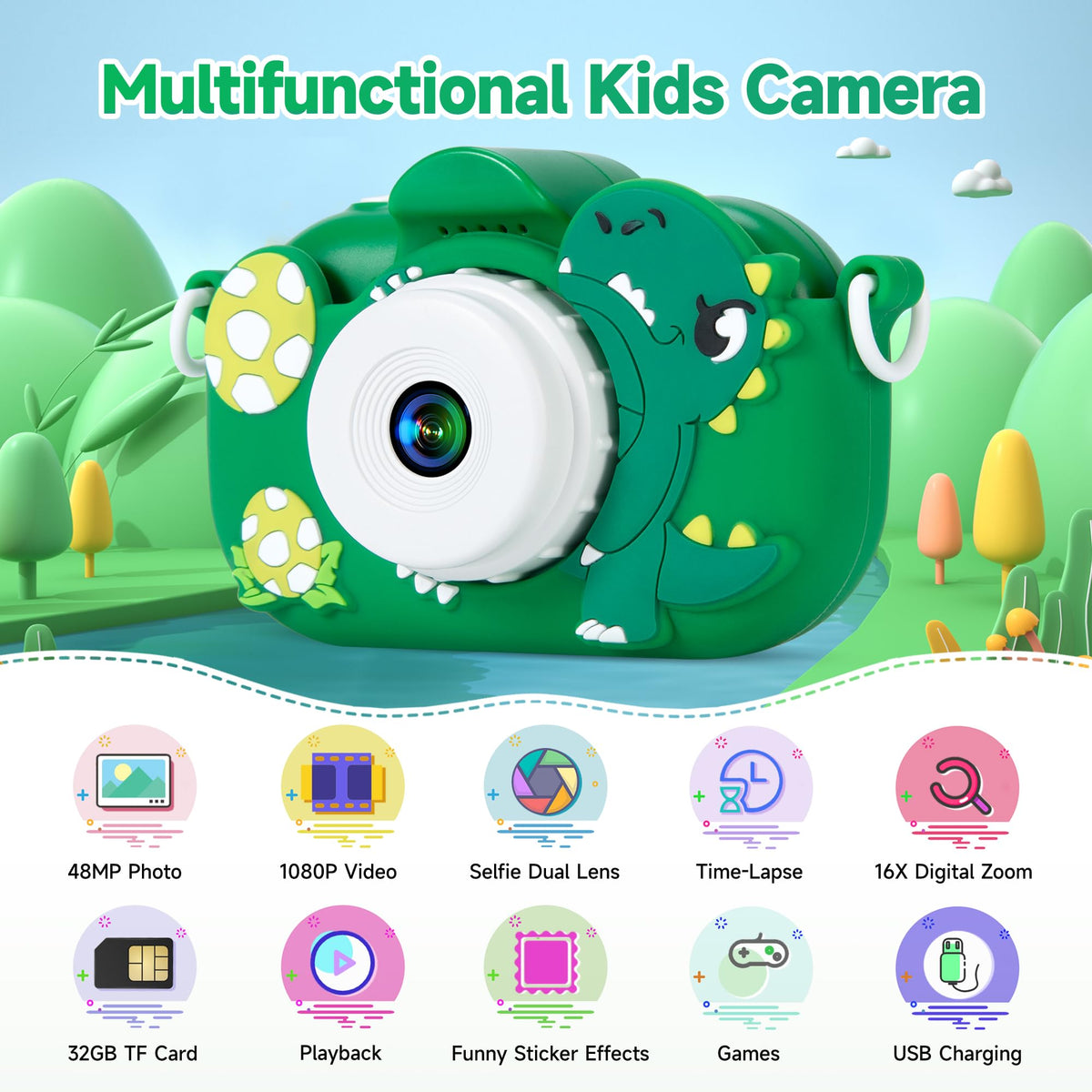 YEEHAO kids camera showcasing selfie mode and timer for group shots.