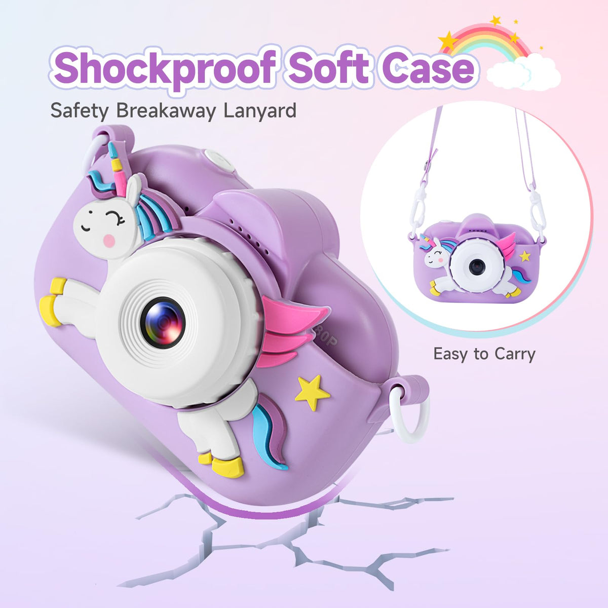 Shockproof soft case protects little hands and the camera during outdoor play.