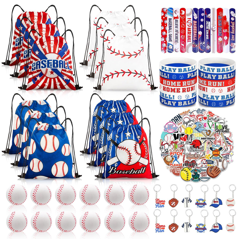 Yeepestmi baseball drawstring bags in four designs, ideal as party favors.