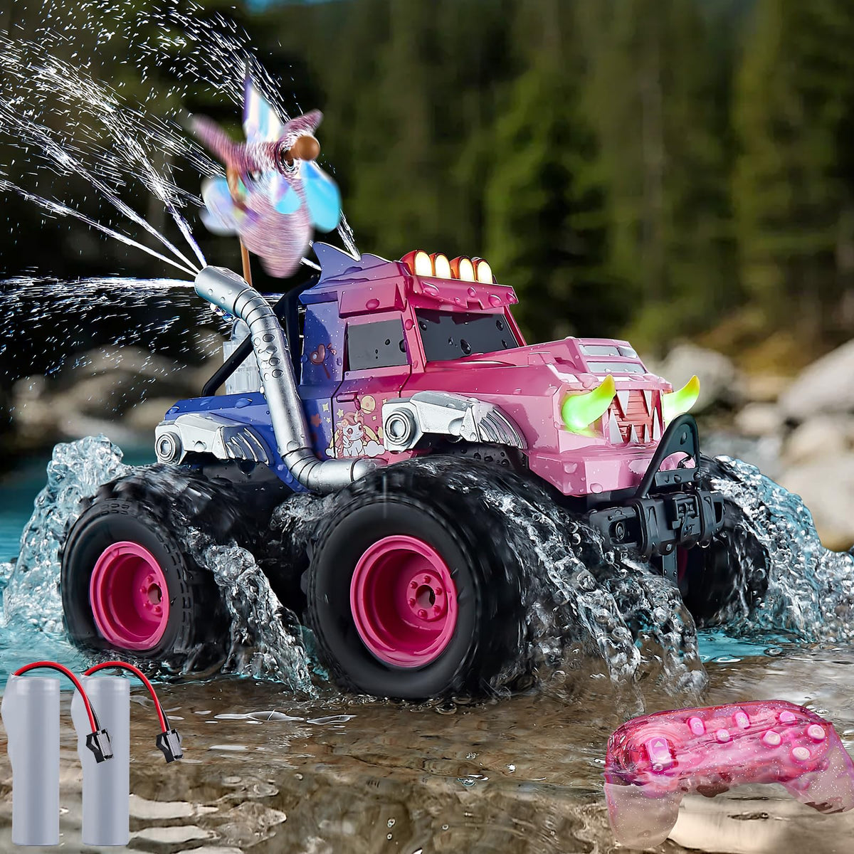 YEESWOOQI pink monster RC car with LEDs and water spray for day and night play.