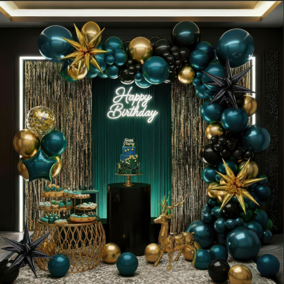 Yeewaka chrome teal gold balloon kit demonstrates a premium 170-piece collection for stylish celebrations.