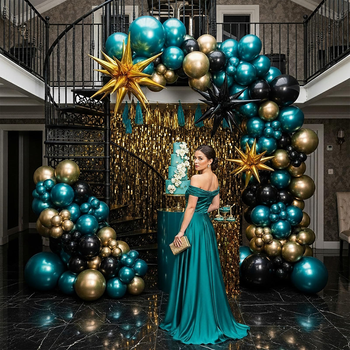 Yeewaka starburst gold black balloons add dramatic focal points to events and photo ops.