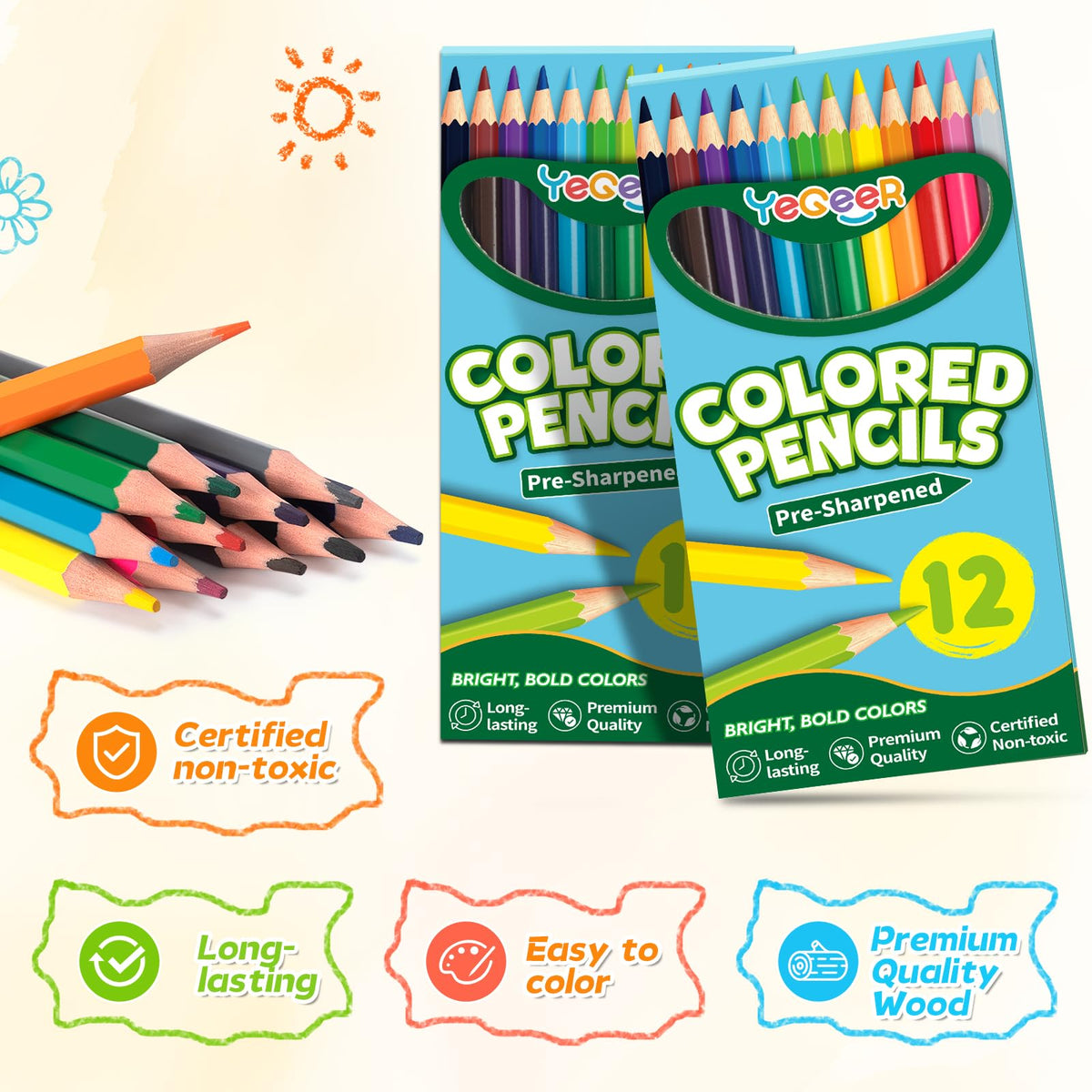 YEGEER pencils color swatches showing 12 vibrant colors for art projects.