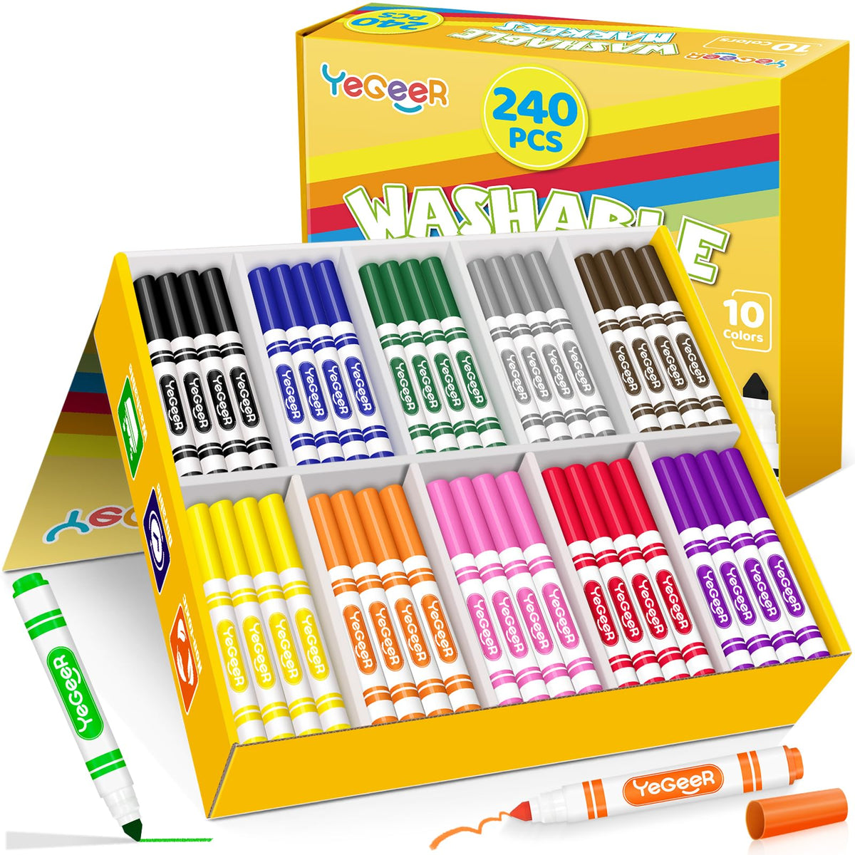 YEGEER washable markers 240-count bulk set in a sturdy classroom case