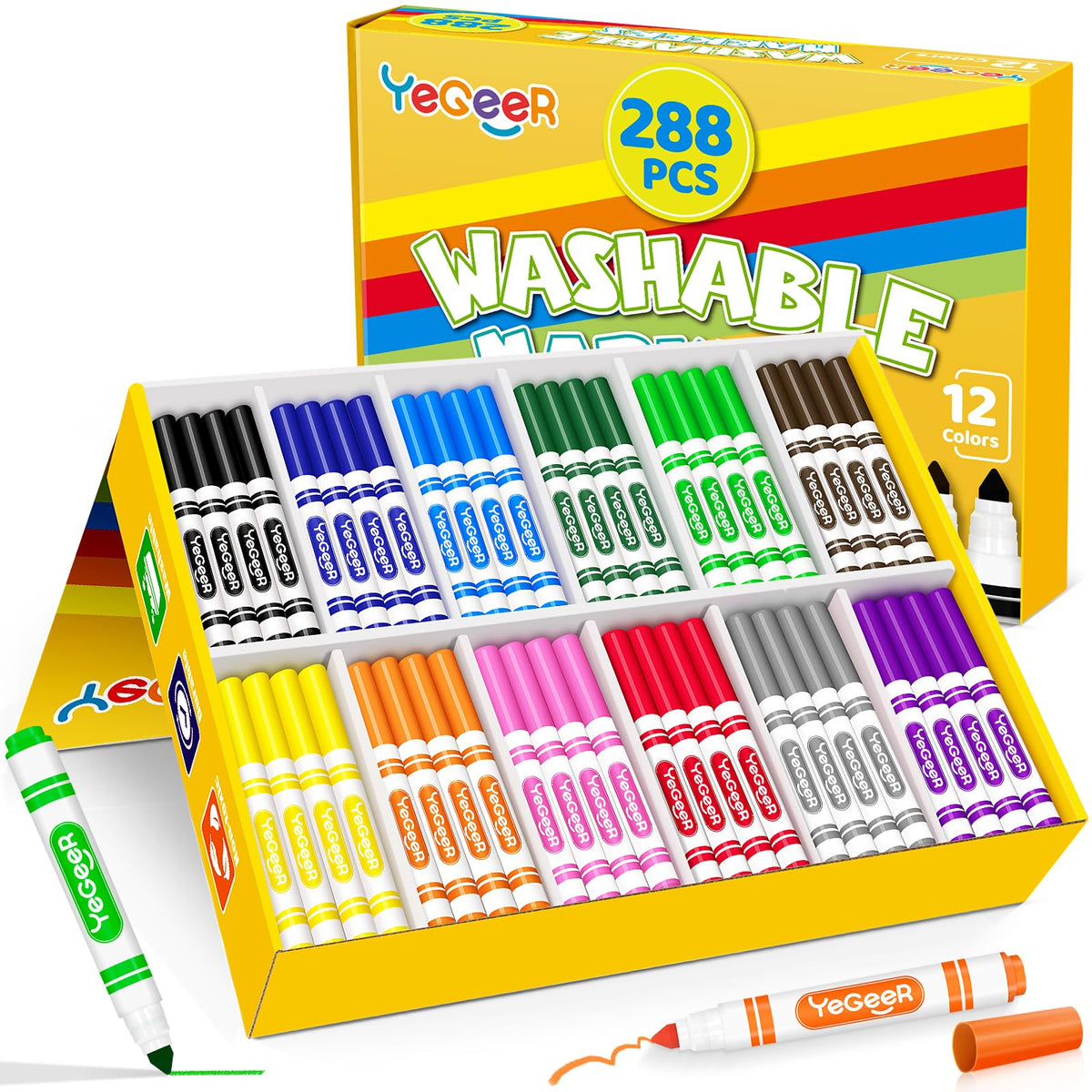 YEGEER washable markers 288-count bulk pack with vibrant colors for classroom projects.