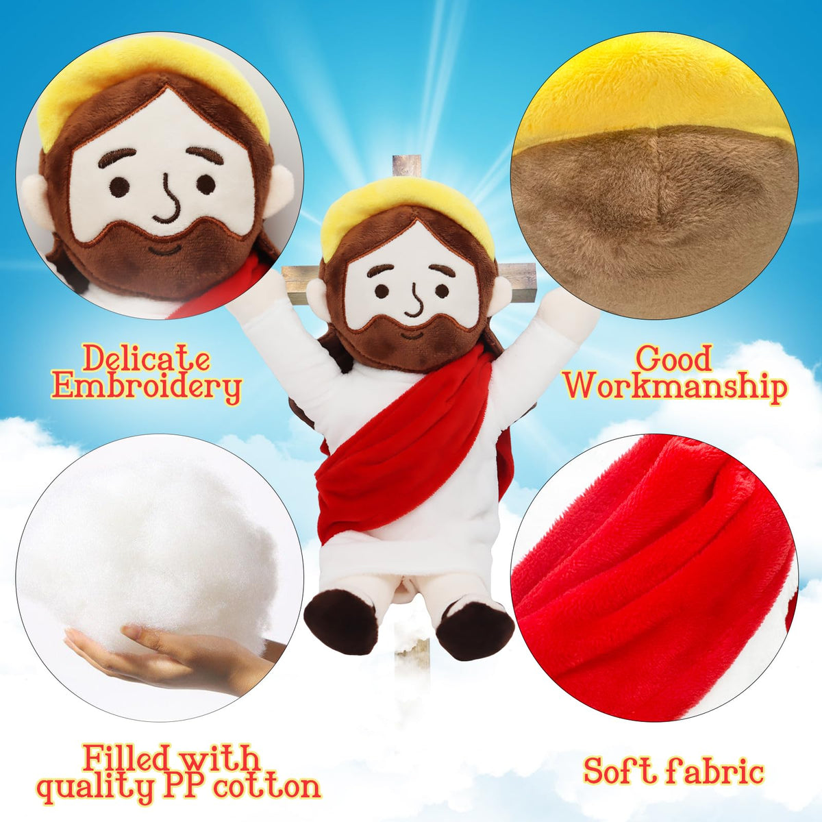 Yelakey Jesus plush in white robe with red shawl, gentle holiday decor