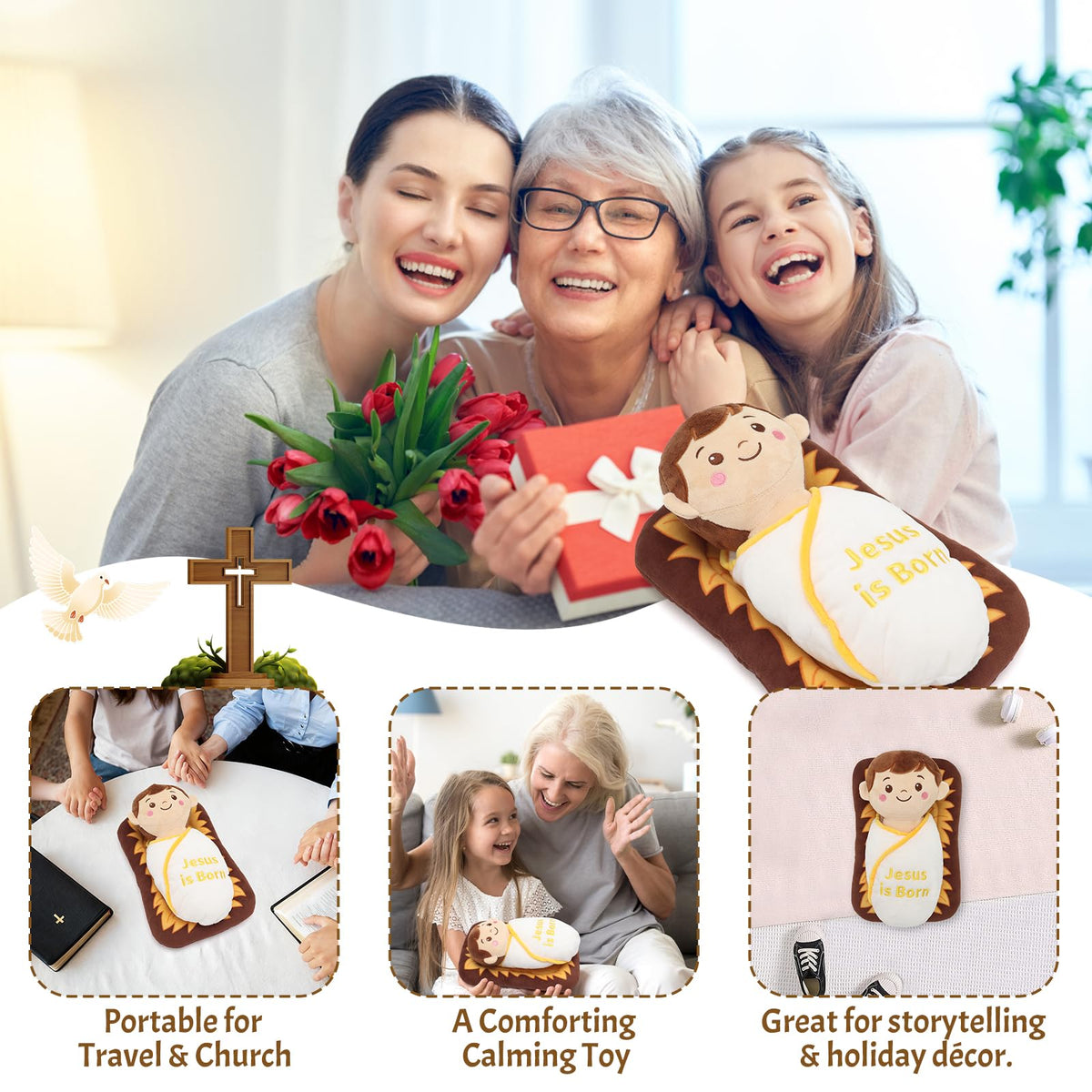 Yelakey baby Jesus plush gift—perfect for Christmas, baptisms, and family gift exchanges.