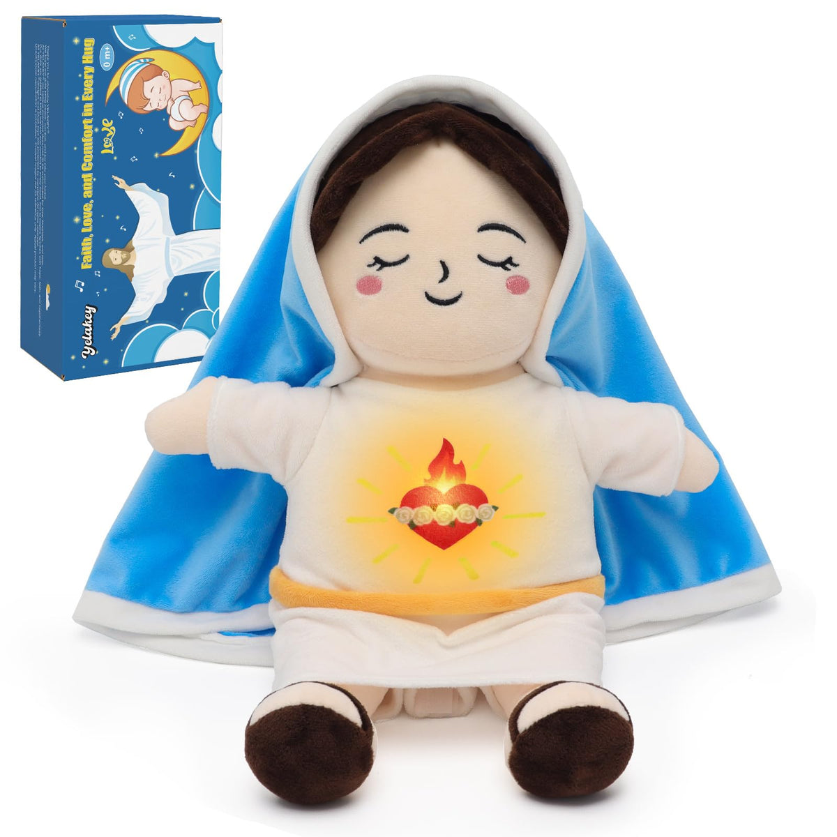 Yelakey breathing plush Virgin Mary doll with lifelike breathing offers soothing bedtime calm.