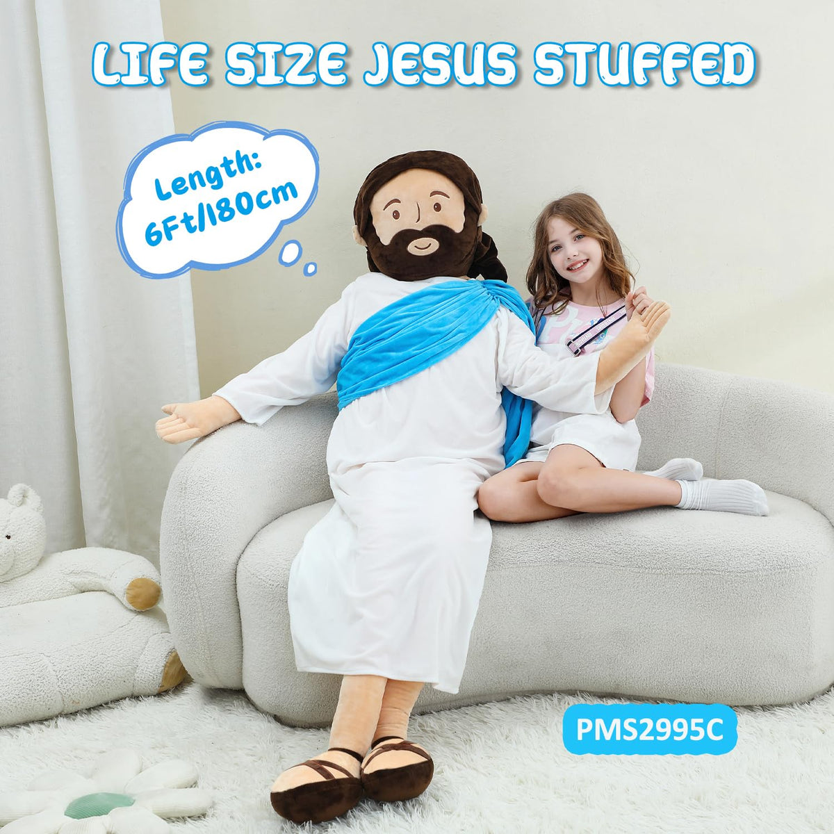 Yelakey Giant Jesus Plush robe texture highlights detailed clothing.