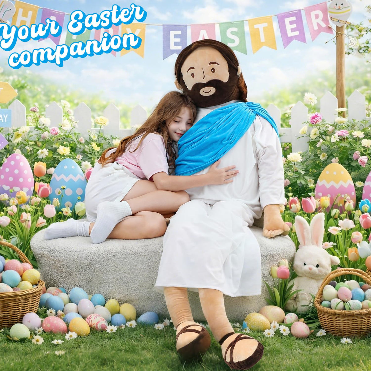 Yelakey Giant Jesus Plush face detail shows compassionate gaze for comforting display.