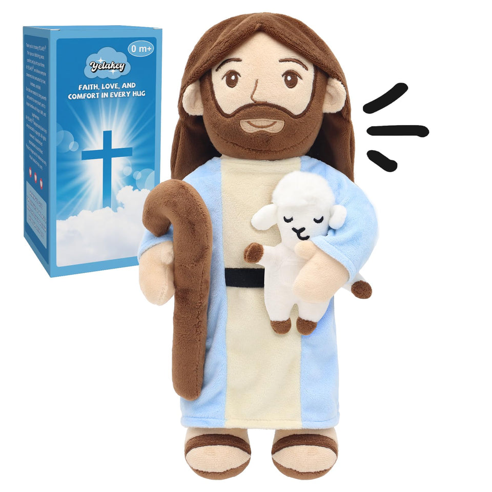 Yelakey Good Shepherd Jesus plush front view showing calm, comforting presence