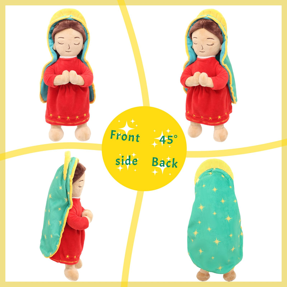 Yelakey Guadalupe plush halo design glowing above the calm face.