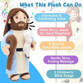 Yelakey Jesus plush holding lamb closeup highlights gentle care