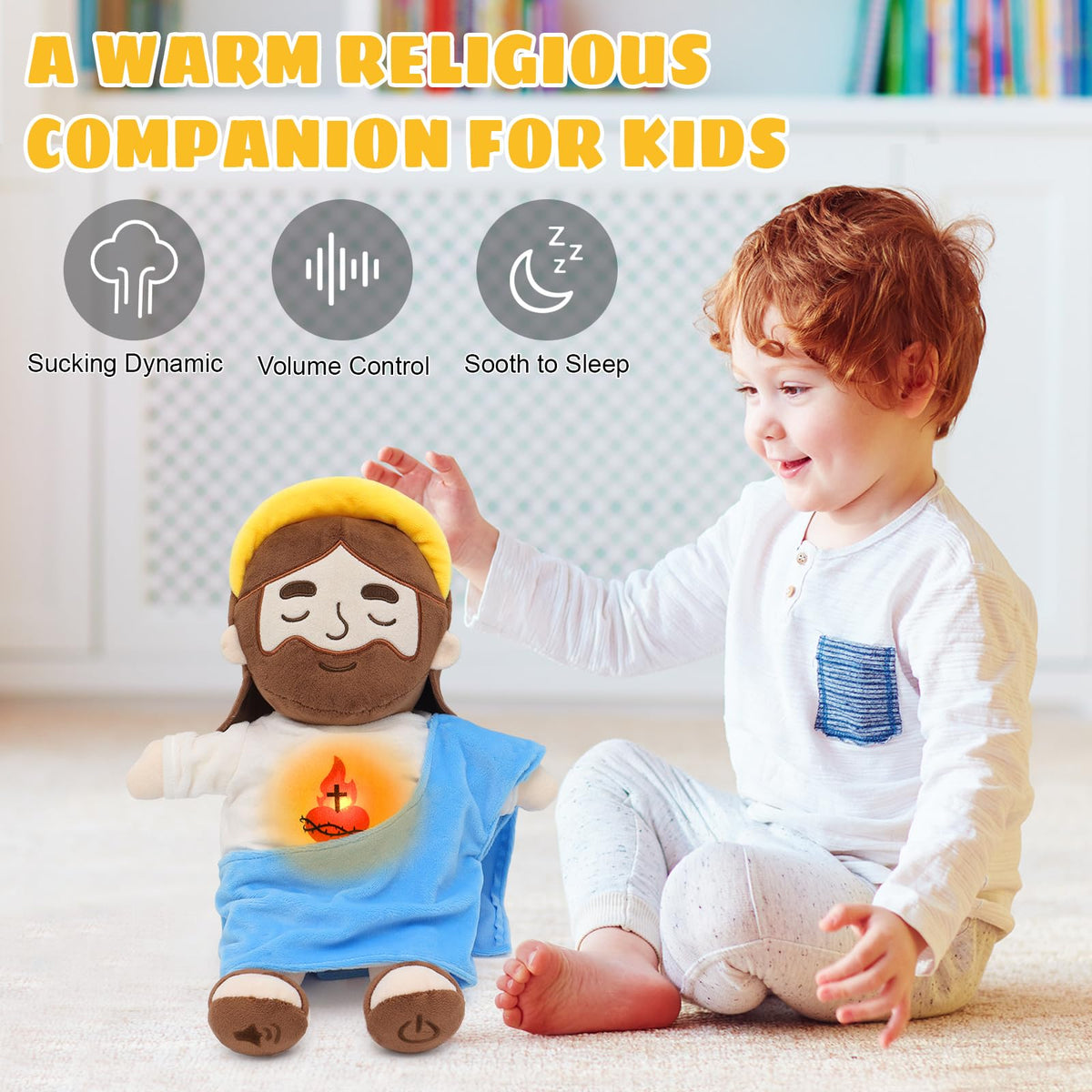 Yelakey Jesus plush back shows battery compartment for simple setup.