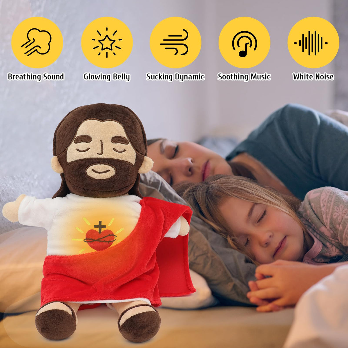 Yelakey Jesus plush in bedtime snuggle pose for kids