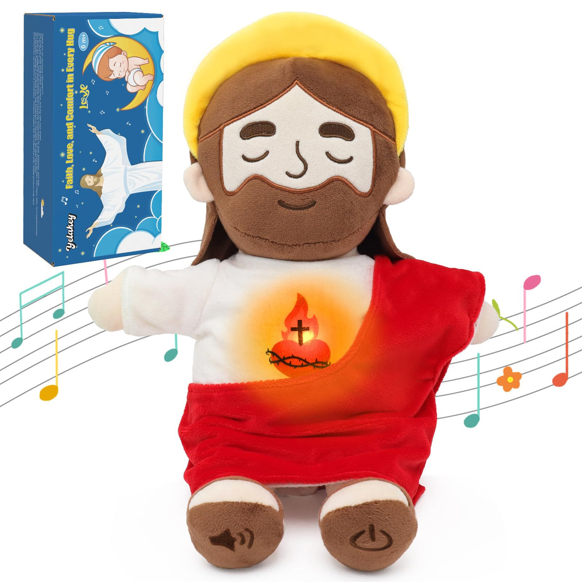 Yelakey Jesus plush belly glow creates a calming bedtime ambiance for kids