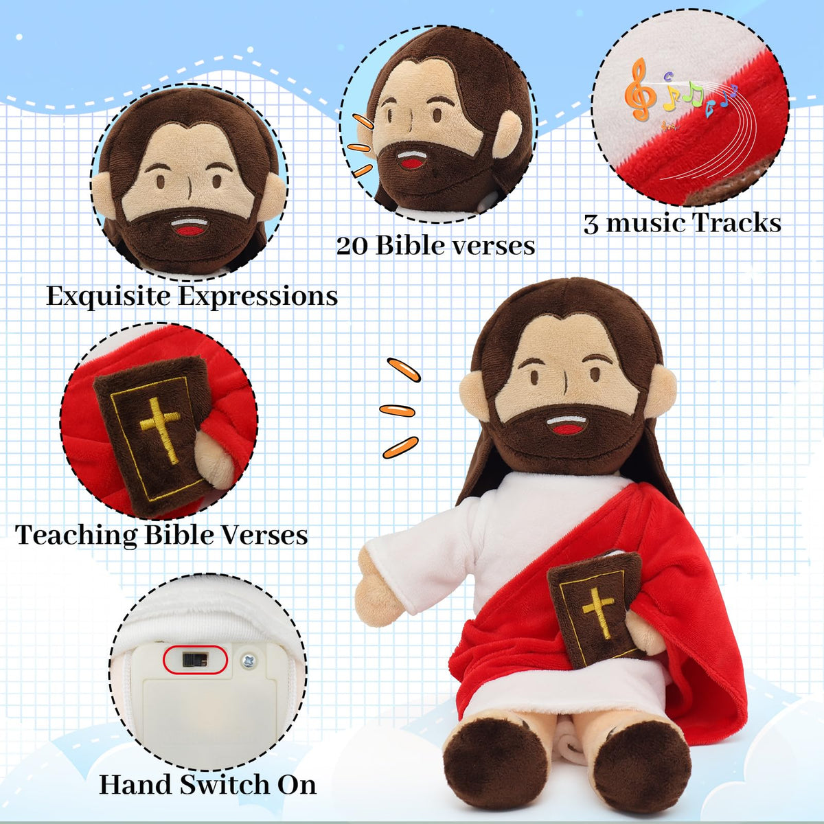 Yelakey Jesus Plush includes 20 Bible verses for reflection