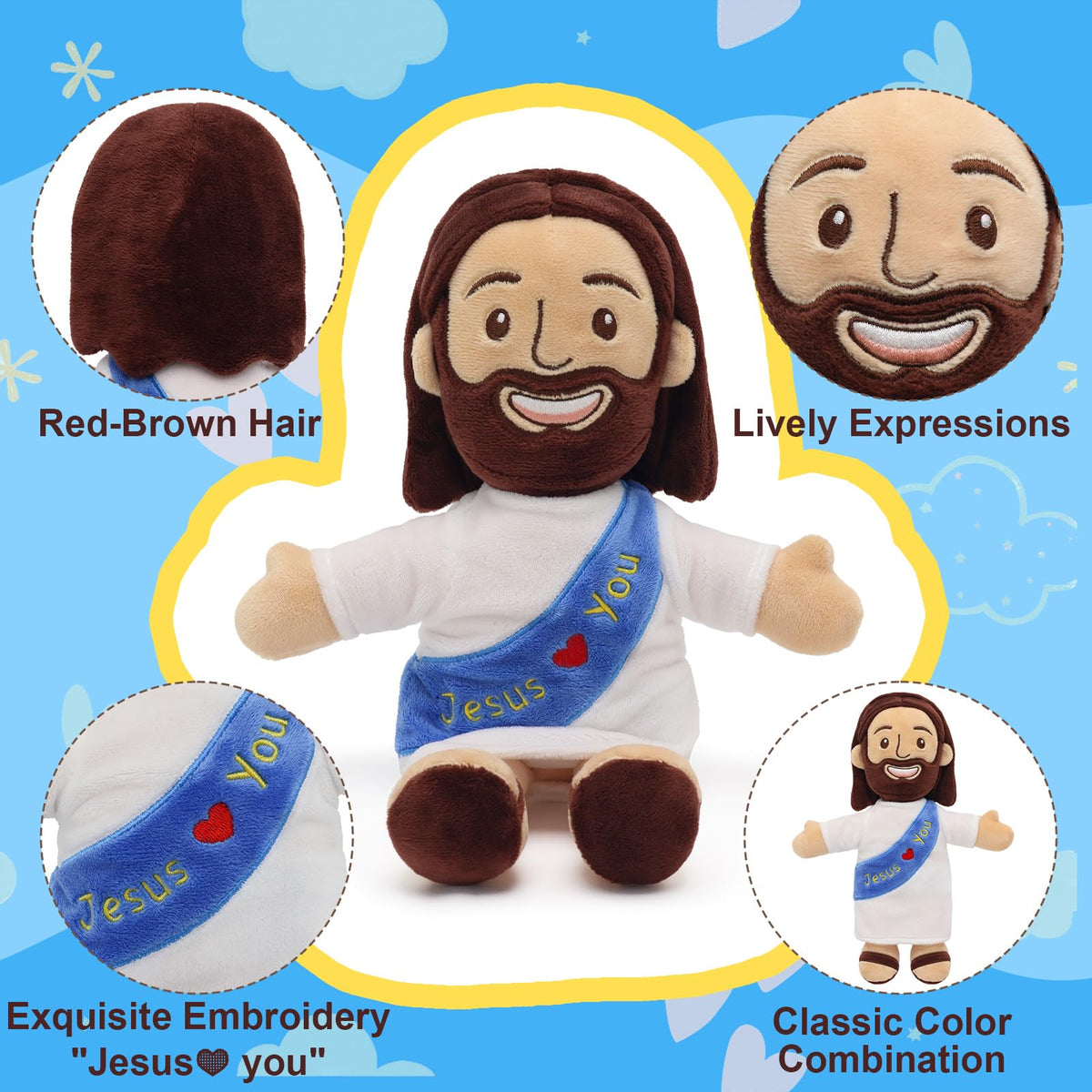 Yelakey Jesus Plush sash embroidery on blue ribbon shows the message