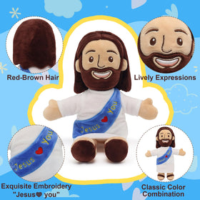 Yelakey Jesus Plush sash embroidery on blue ribbon shows the message