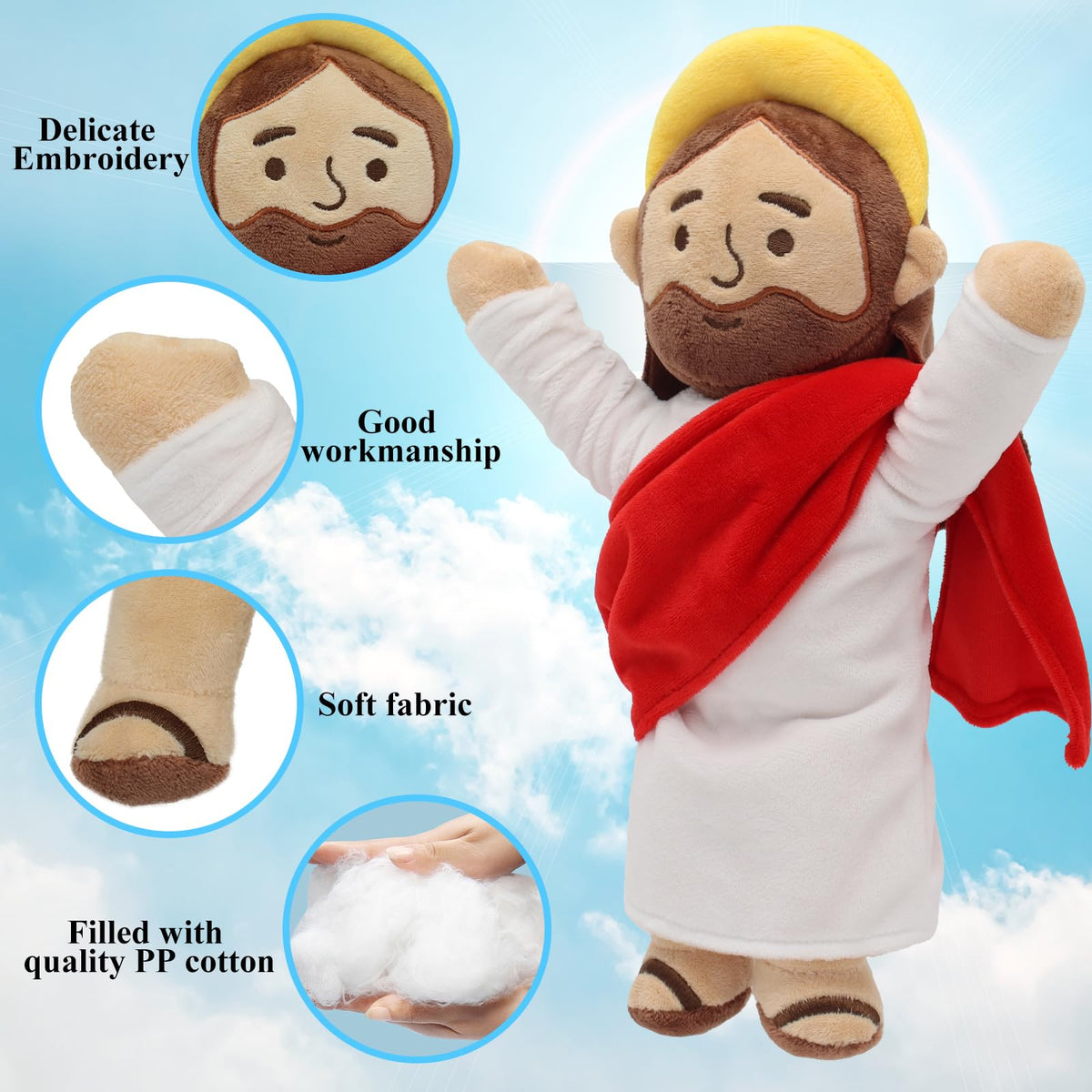 Yelakey Jesus plush in blue shawl adds a serene decor touch.