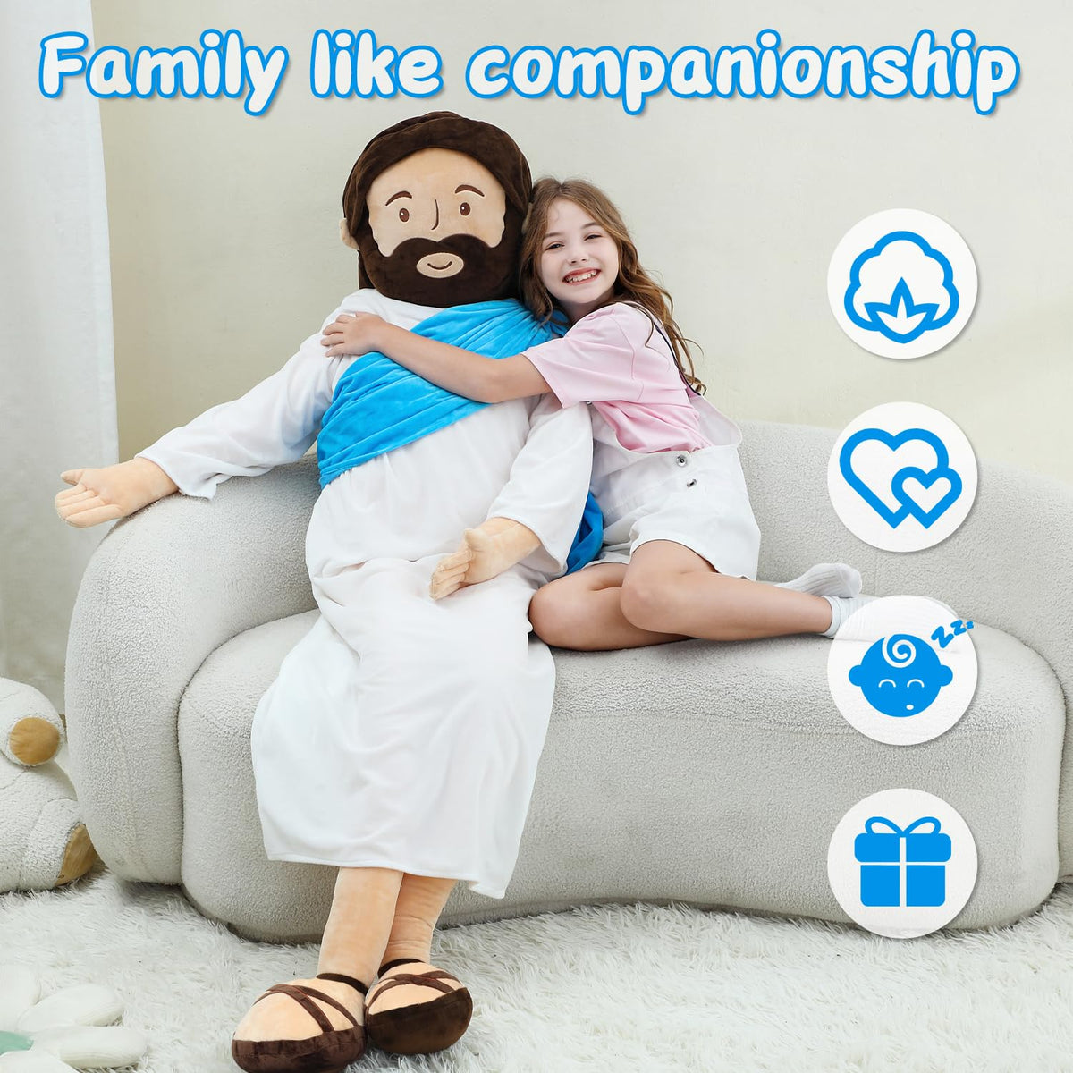 Yelakey Jesus Plush blue sky design evokes sacred ambiance.
