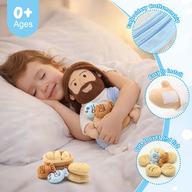 Child cuddling the Yelakey Jesus plush for bedtime comfort