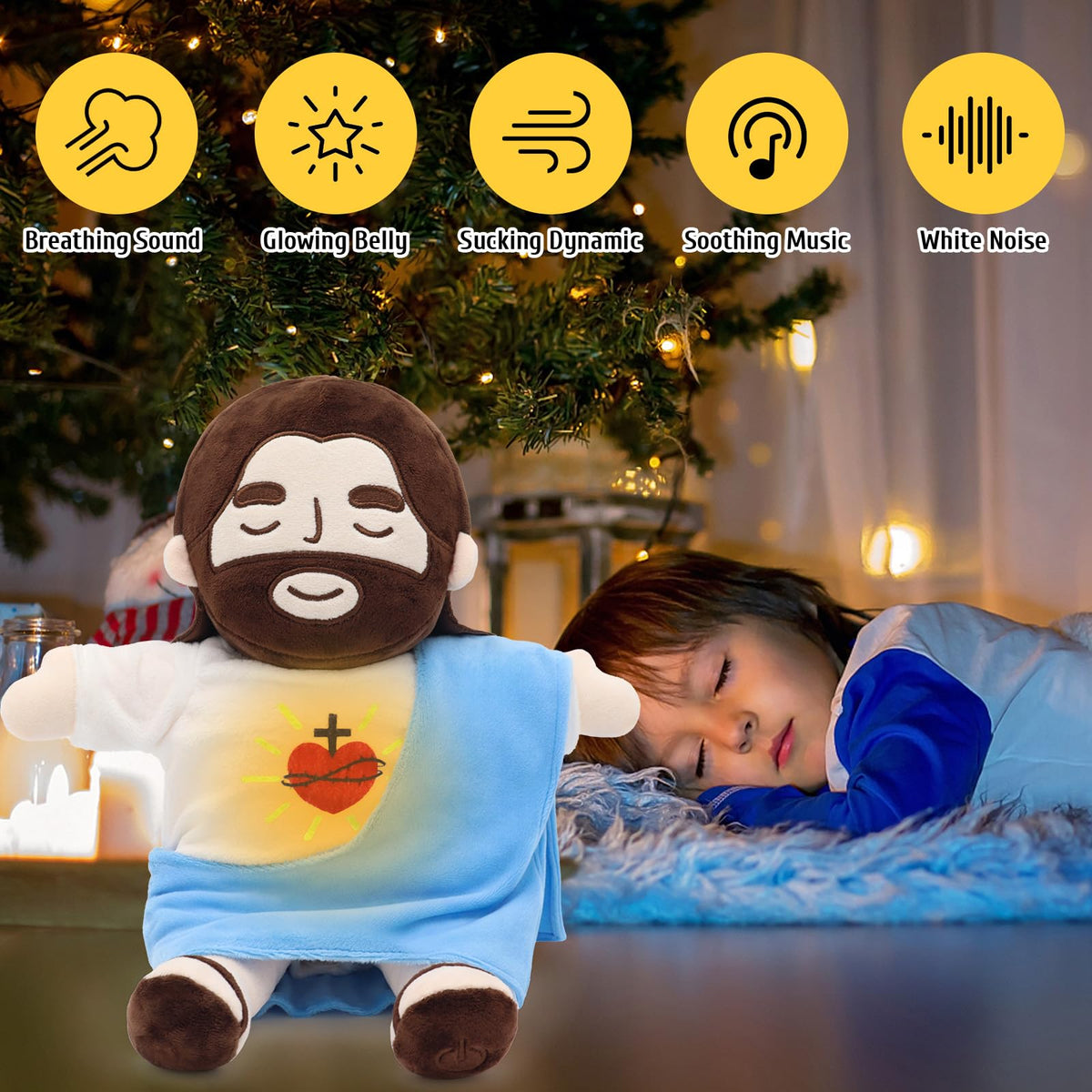 Yelakey Jesus plush breathing offers gentle comfort during prayer or bedtime.