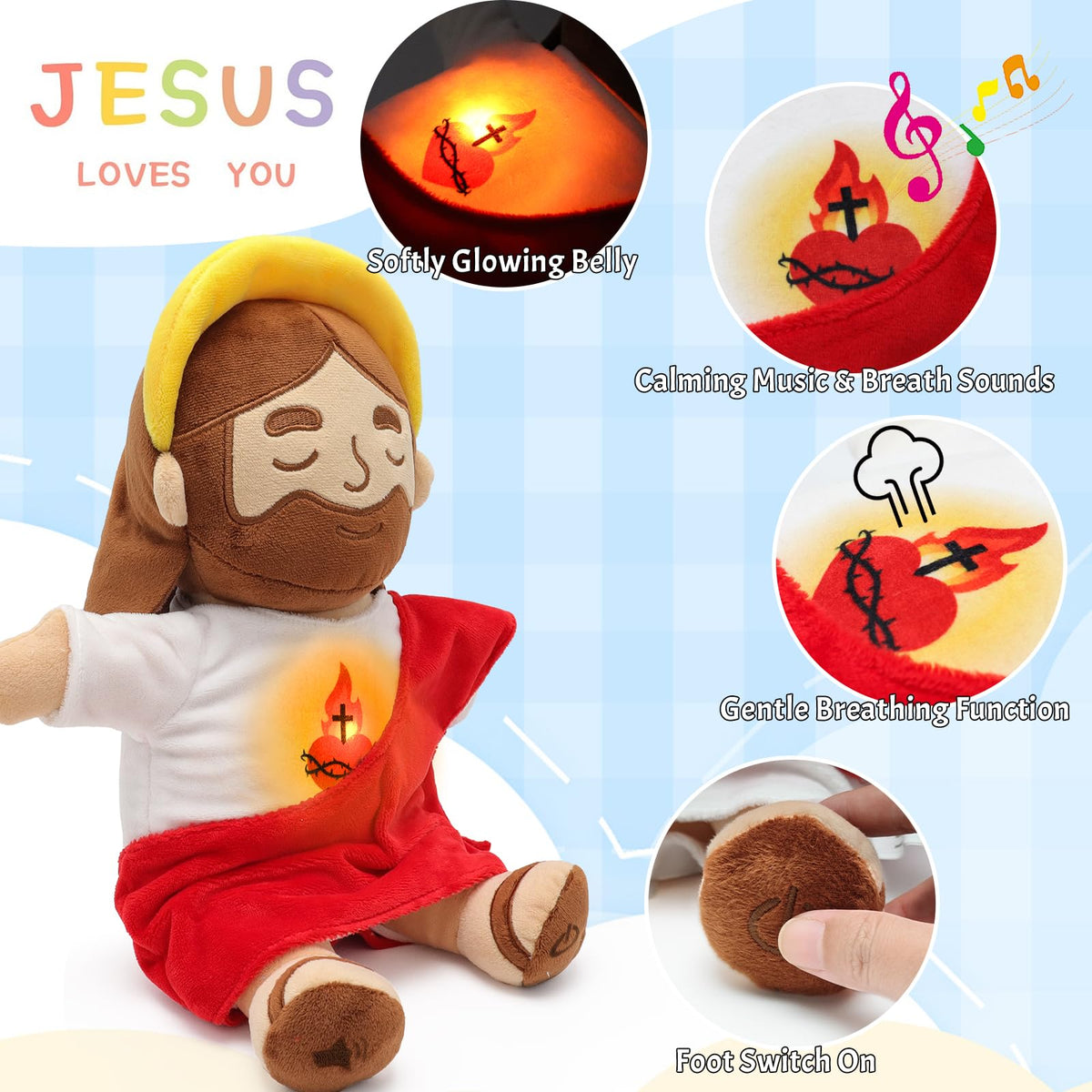 Yelakey Jesus plush halo design adds comforting presence during storytime.