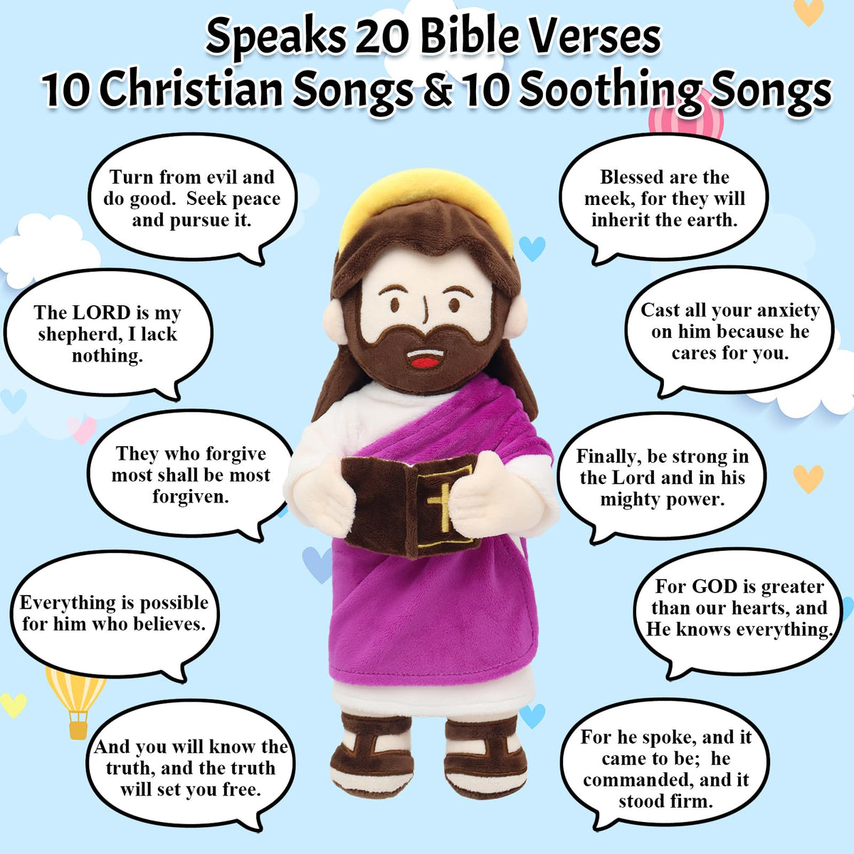 Yelakey Jesus plush halo detail enhances the faith-focused design