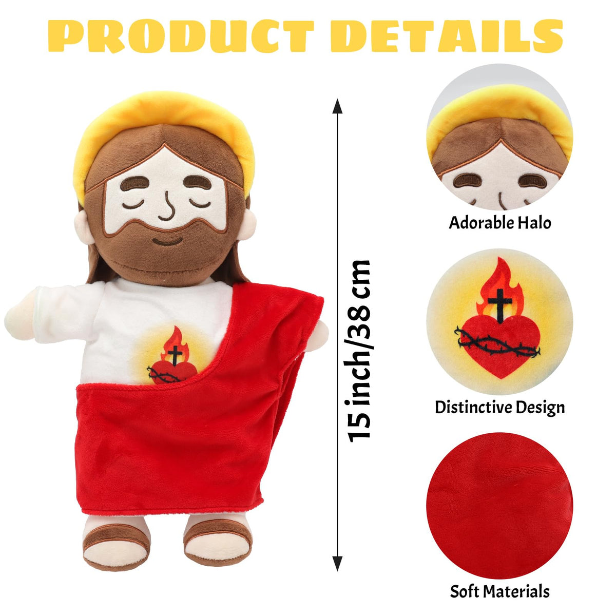 Yelakey Jesus plush halo detail adds a comforting, faith-centered look