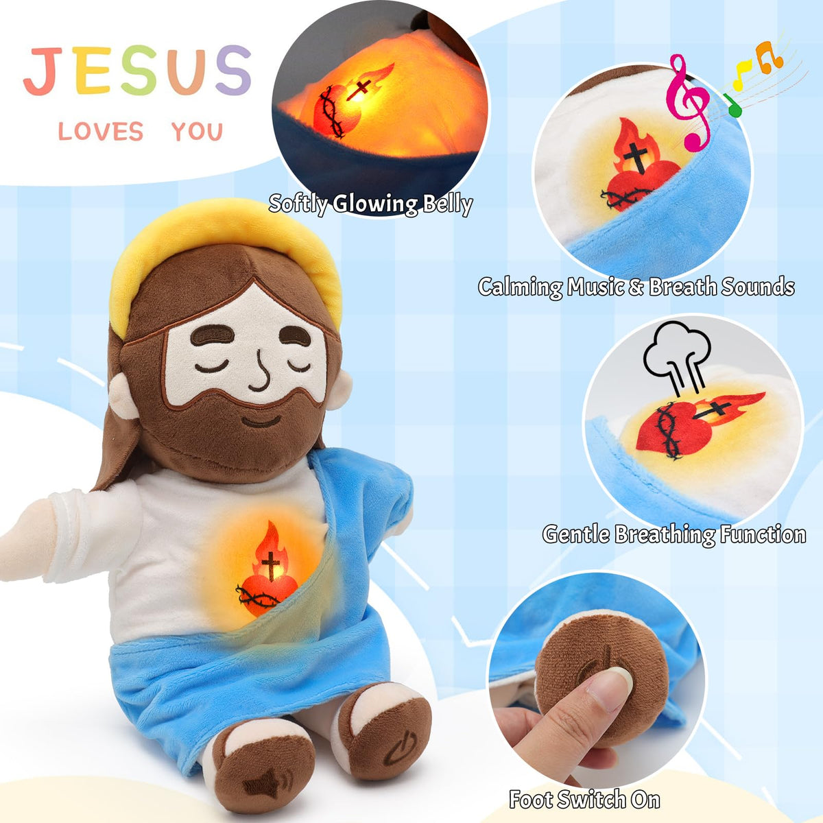 Yelakey Jesus plush halo design in soft fabric for comforting cuddles.