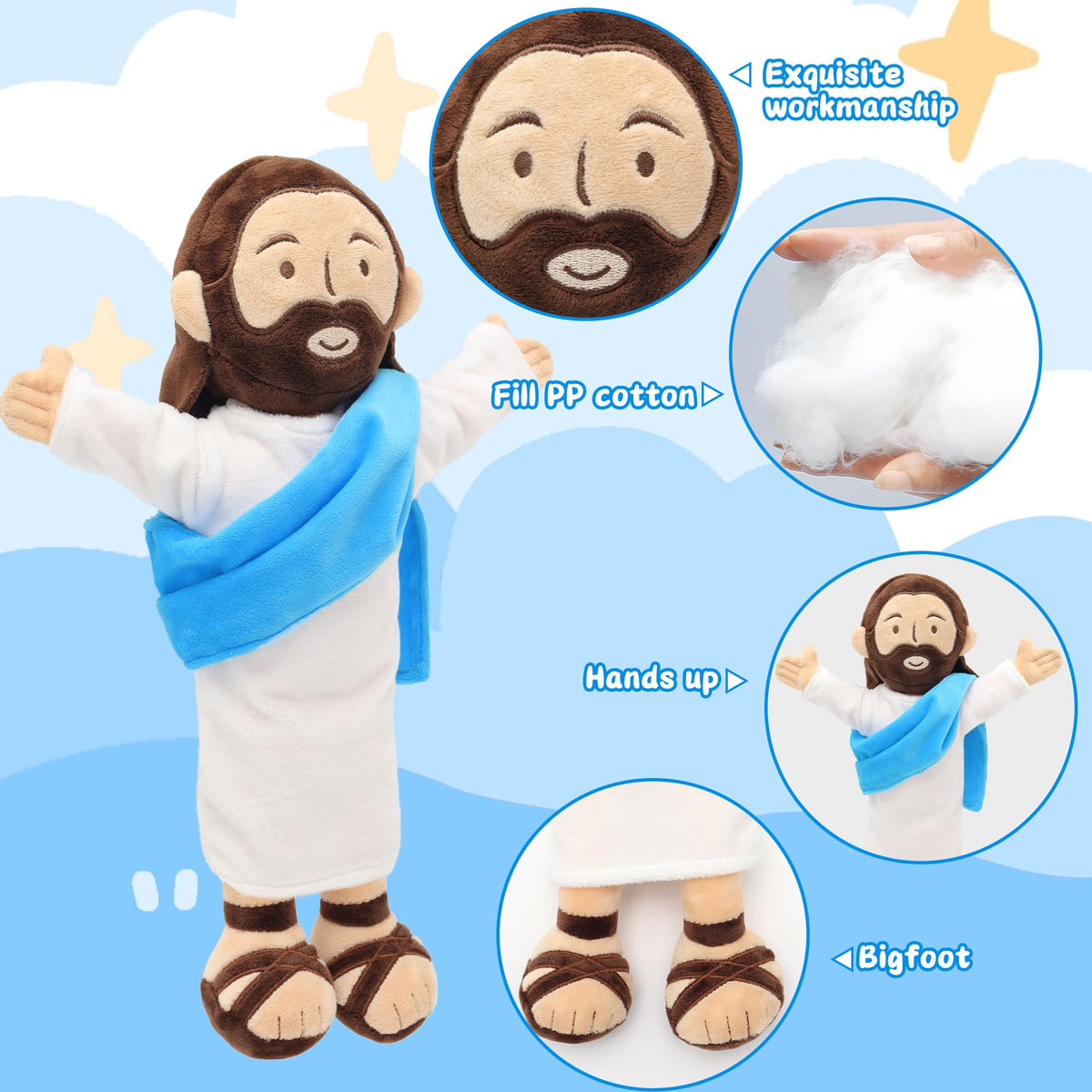 Yelakey Jesus plush hands in prayer soothing presence for bedtime prayers.