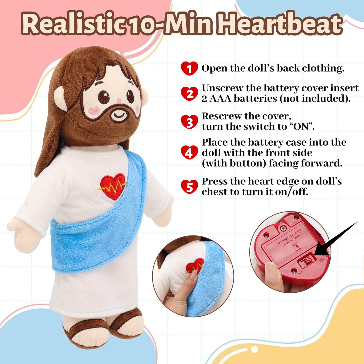 Yelakey Jesus Plush Heart Emblem on chest adds meaningful detail during prayers and storytelling.