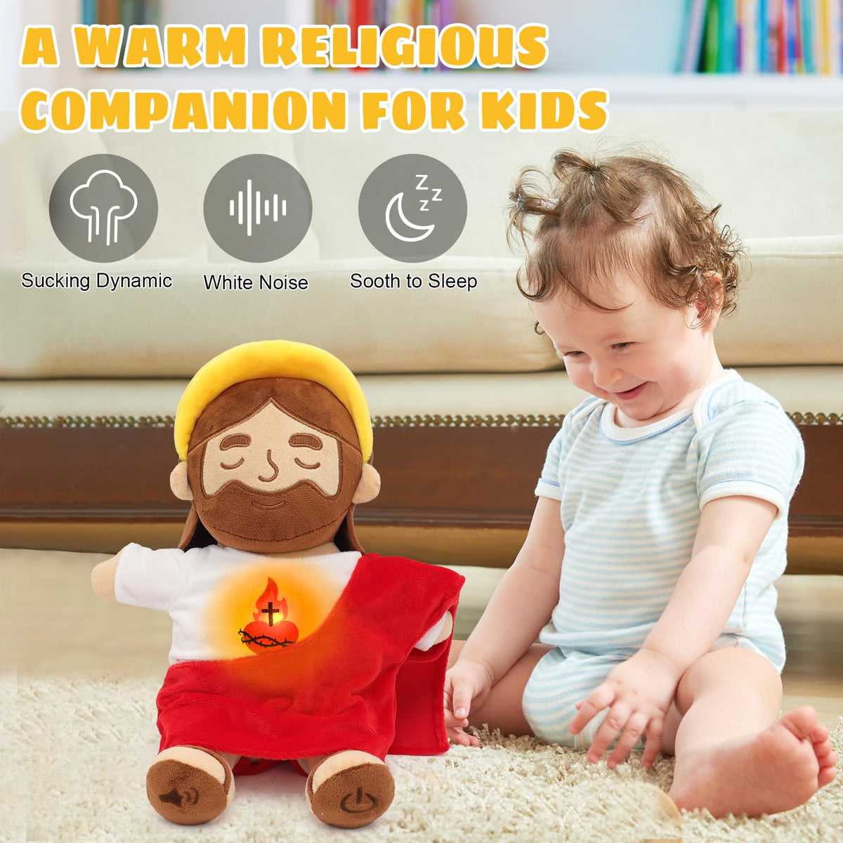 Yelakey Jesus plush activates with left foot for interactive calm.