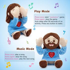 Yelakey Jesus plush performing peek-a-boo with left-foot for playful interaction