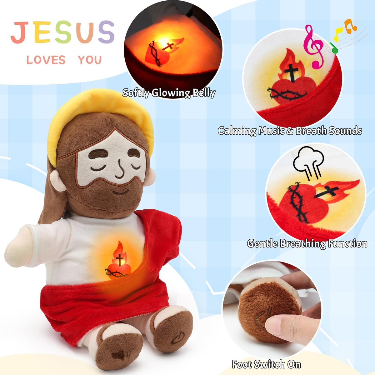 Yelakey Jesus plush soft fabric closeup highlights gentle, kid-friendly cuddle