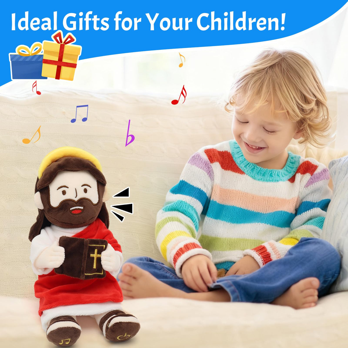 Yelakey Jesus Plush song-content button provides calming melodies for quiet time