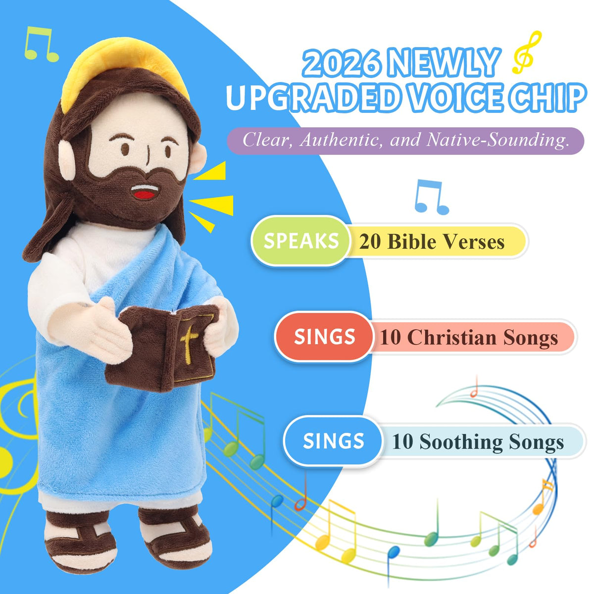 Yelakey Jesus Plush plays 10 religious songs and 10 instrumentals for calm