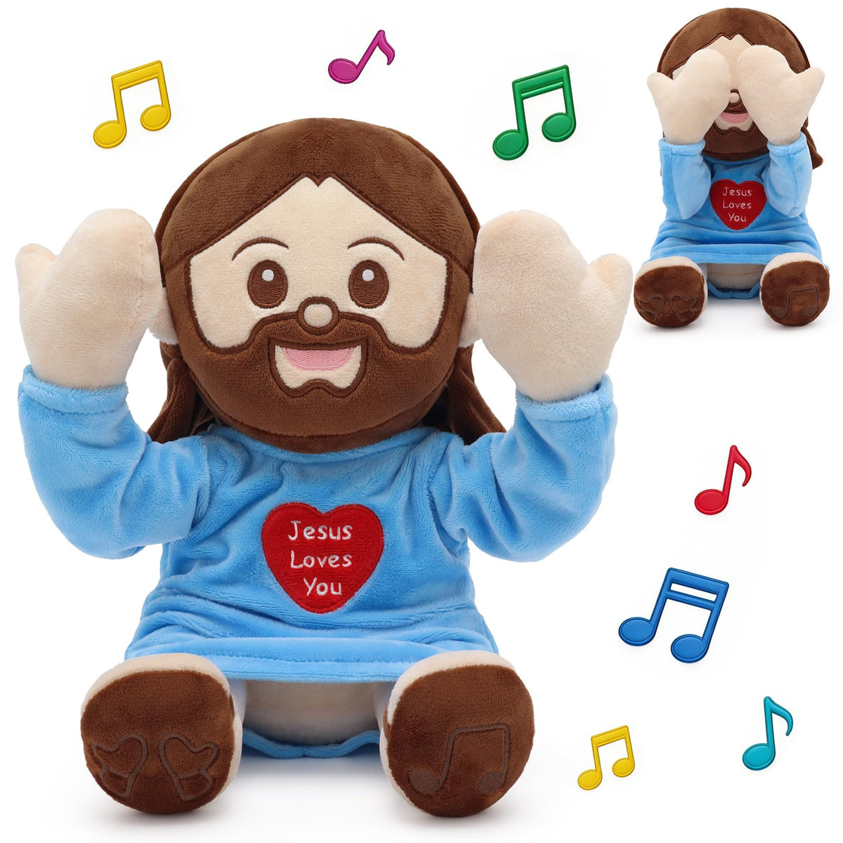 Yelakey Jesus plush with right-foot song button for musical Bible songs