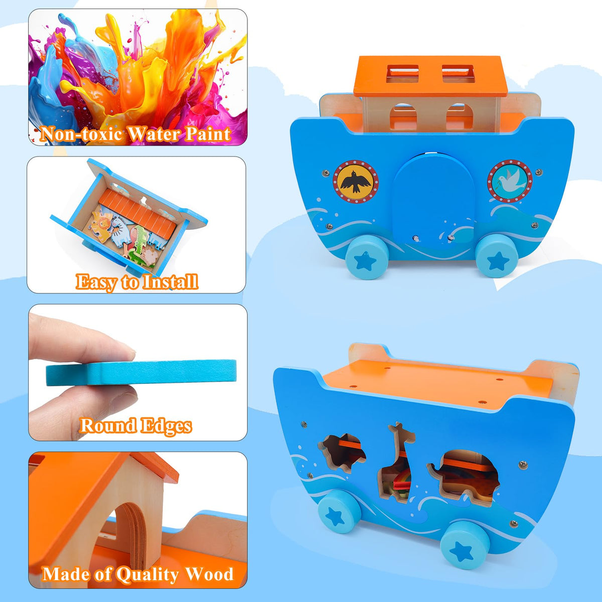 Yelakey Noah's Ark toy bible storybook included for bedtime reading and memory recall.