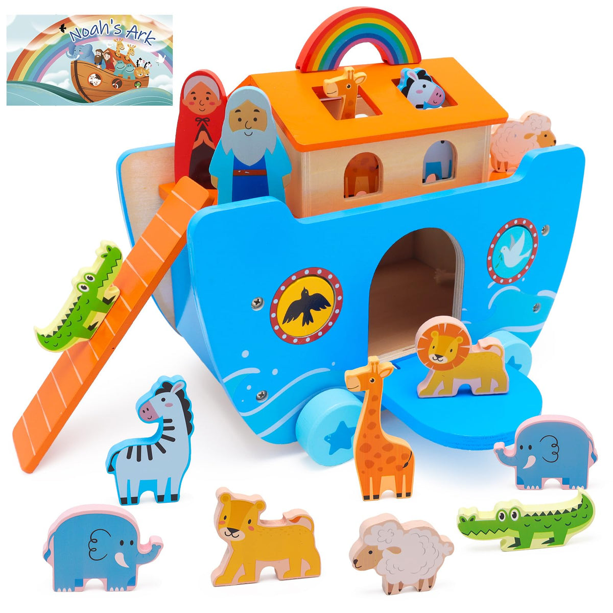 Yelakey Noah's Ark wooden toy with animals for immersive pretend play and learning.