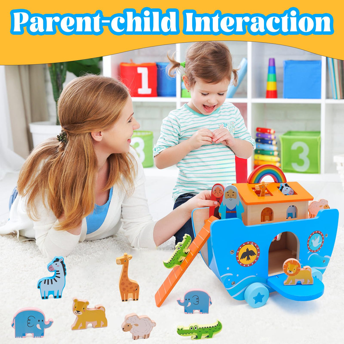 Yelakey Noah's Ark toy zebras pairing encourages color recognition and sorting skills.