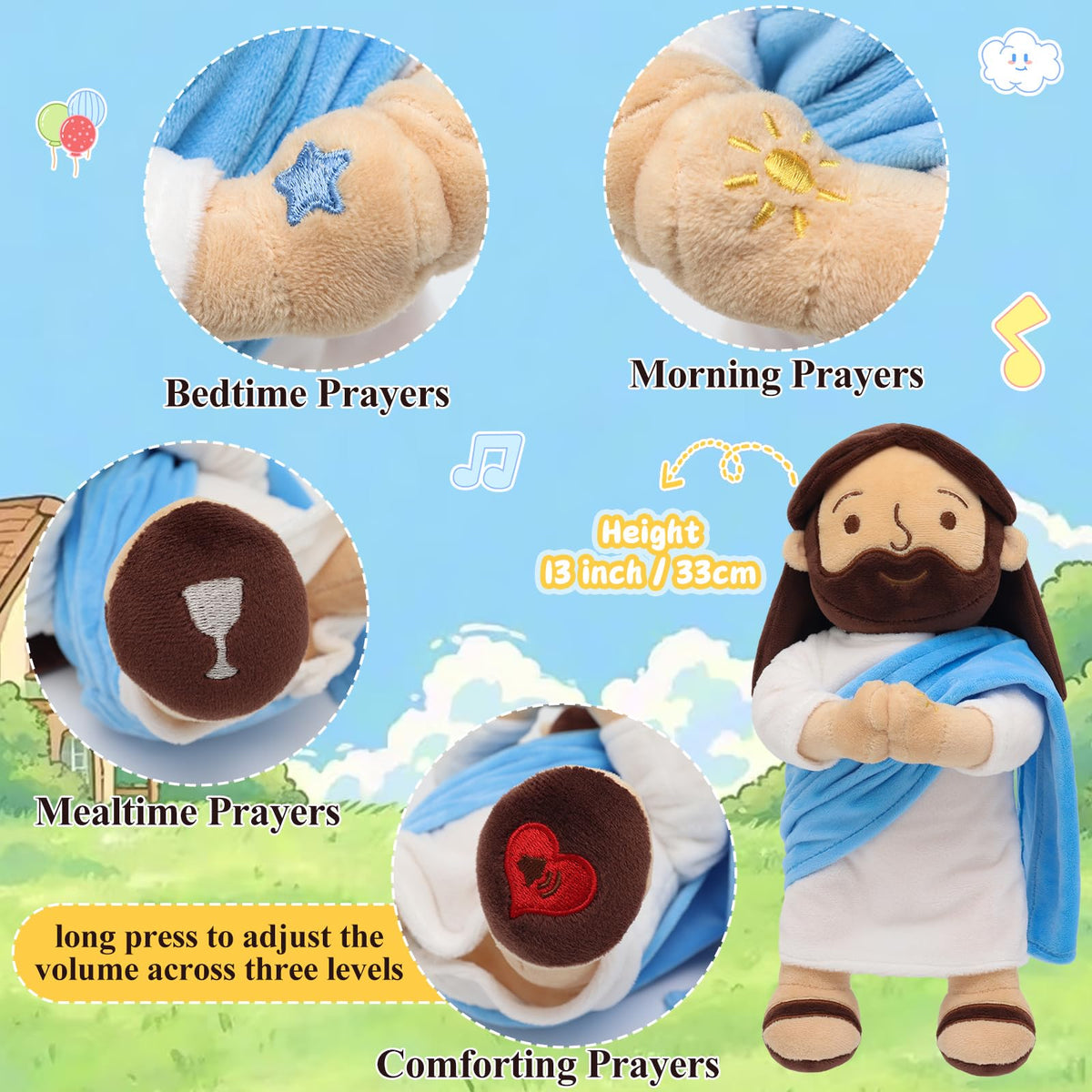Yelakey Praying Jesus Plush side view showing soft fabric and pose