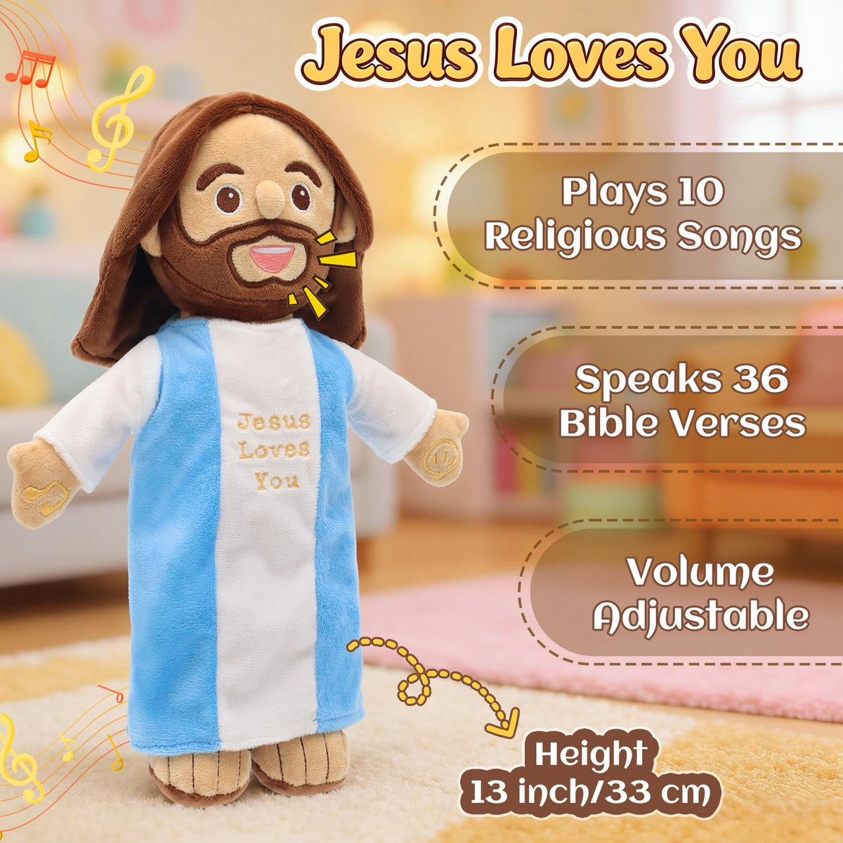 Yelakey Talking Jesus Plush embroidered face emphasizes safety and kid-friendly design.